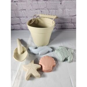 6 Pc Silicone Beach Bath Toy Set Sand Bucket Turtle Shell Dolphin Starfish Shove